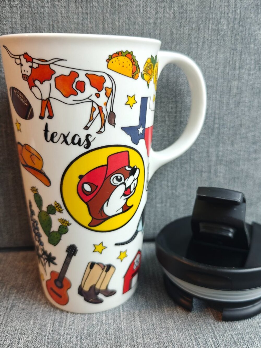 Buc-ees 17oz Texas Ceramic Travel Coffee Mug Lid Beaver Map